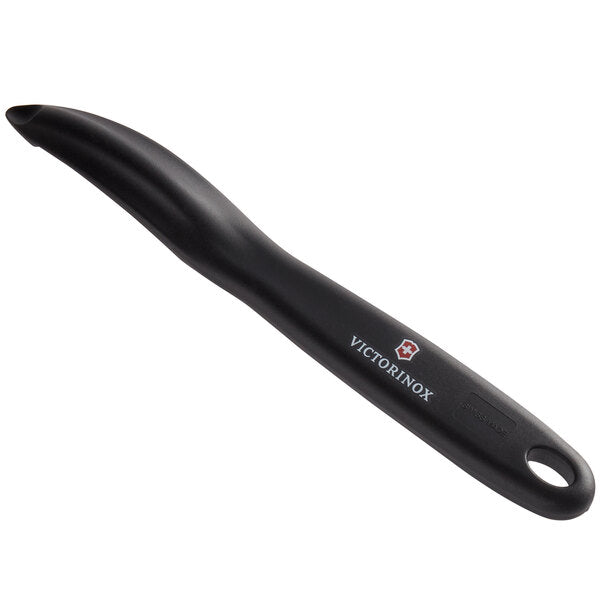 Victorinox 8 5/16" Black Straight Vegetable Peeler With Serrated High Carbon Stainless Steel Blade