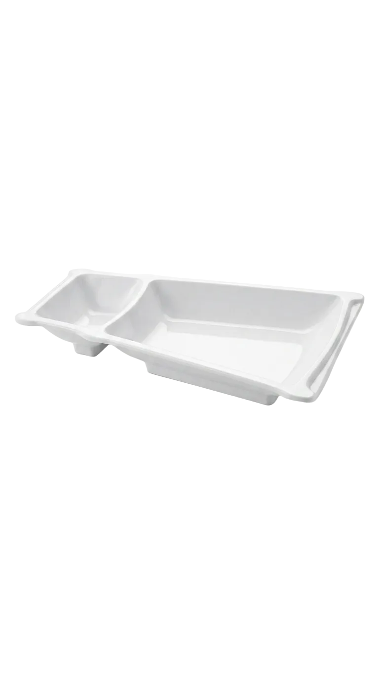 Assiette de service asymétrique à deux compartiments en mélamine 9 po x 5,75 po