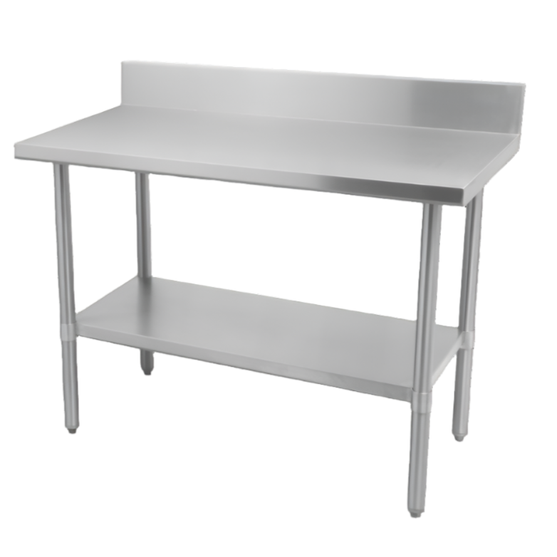 Table de travail Thorinox avec dosseret, pieds et étagère inférieure en acier inoxydable