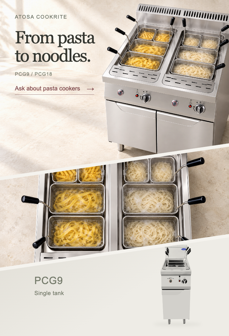 Atosa CookRite PCG9 and PCG18 pasta cookers. From pasta to noodles. Ask EastFair about pasta cookers.