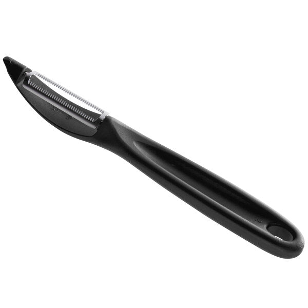 Victorinox 8 5/16" Black Straight Vegetable Peeler With Serrated High Carbon Stainless Steel Blade