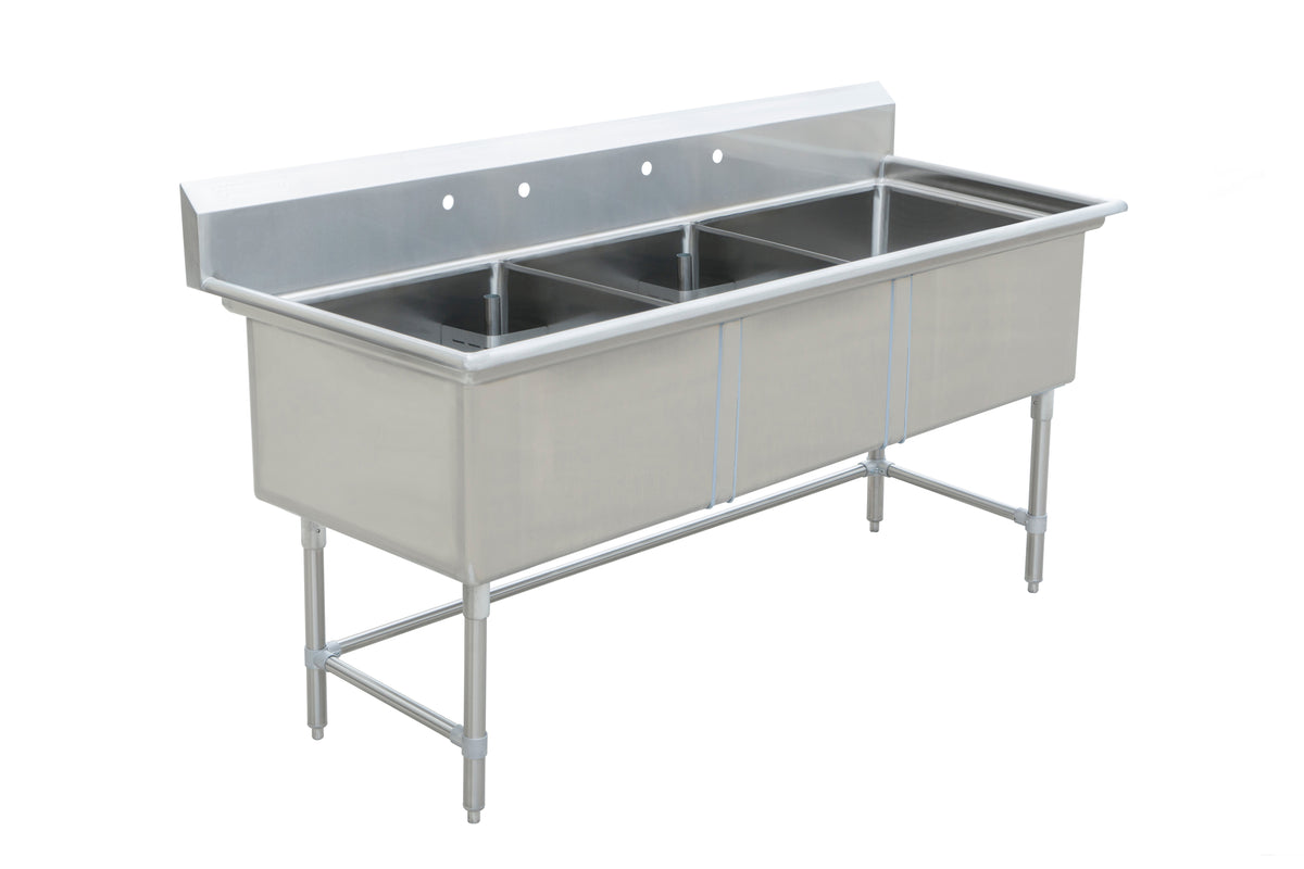 North Star three-compartment stainless steel sink without drainboards