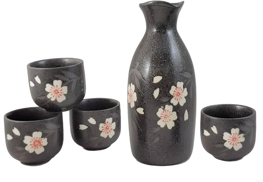 Bouteille de saké motif fleurs blanches et roses
