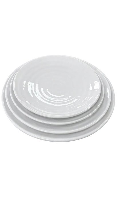 Assiette ronde en mélamine motif tourbillon blanc (TP / P / M / G / TG)