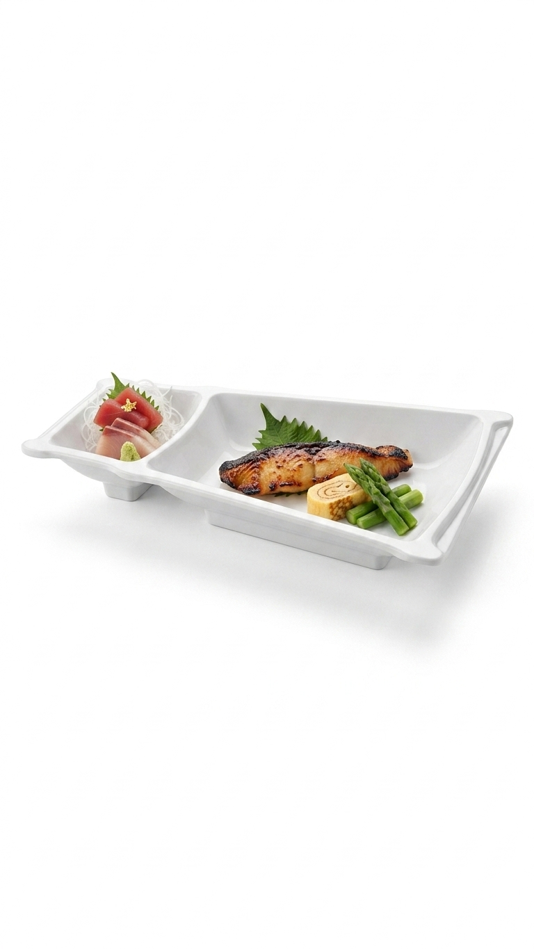 Assiette de service asymétrique à deux compartiments en mélamine 9 po x 5,75 po