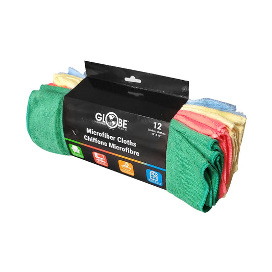 GLOBE 14" X 14" 240 Gsm Assorted Retail Microfiber Cloths / 12 Pack