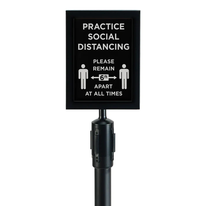 WINCO 2 Piece Black Stanchion Set with Social Distancing Sign