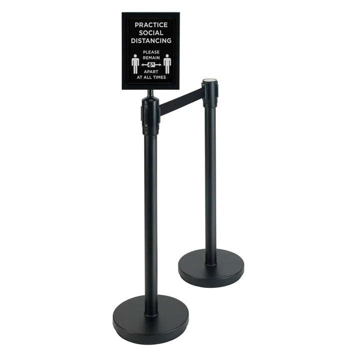 WINCO 2 Piece Black Stanchion Set with Social Distancing Sign
