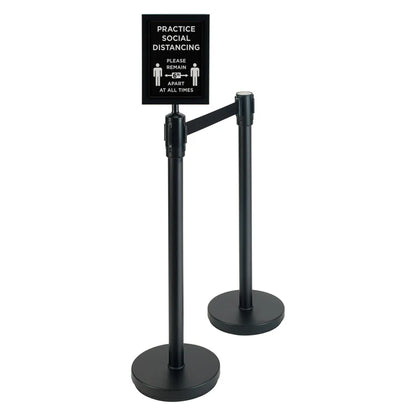 WINCO 2 Piece Black Stanchion Set with Social Distancing Sign