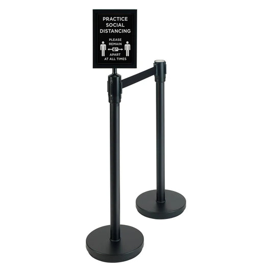 WINCO 2 Piece Black Stanchion Set with Social Distancing Sign
