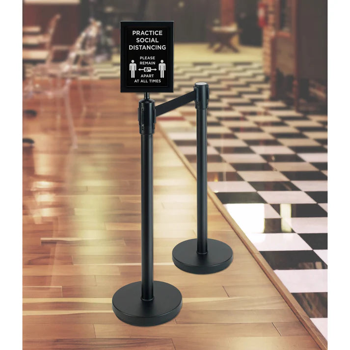 WINCO 2 Piece Black Stanchion Set with Social Distancing Sign